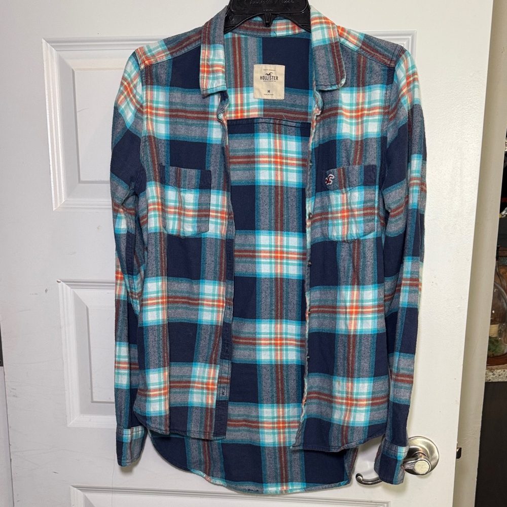 Hollister Blue and Orange Plaid Soft Flannel Shirt